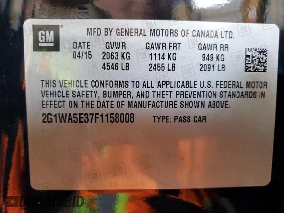 2015 Chevrolet Impala LS with VIN 2G1WA5E37F1158008, listed as a Copart auction lot 61977635 with 106,437 mi miles and Salvage title. Bid and sale history available at DreamBid. Image 12.