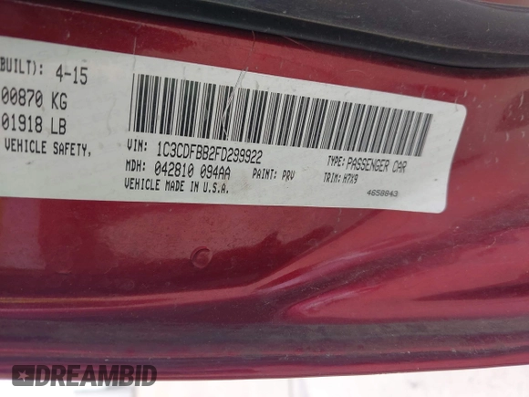 2015 Dodge Dart SXT with VIN 1C3CDFBB2FD299922, listed as a IAAI auction lot 42486672 with 166,612 mi miles and . Bid and sale history available at DreamBid. Image 9.