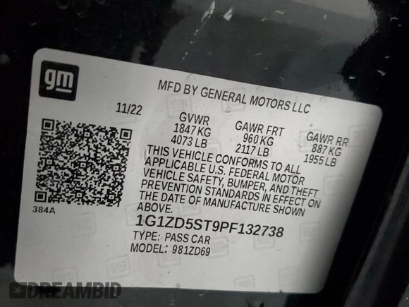 2023 Chevrolet Malibu LT with VIN 1G1ZD5ST9PF132738, listed as a Copart auction lot 54681915 with 105,281 mi miles and Non Repairable. Bid and sale history available at DreamBid. Image 13.