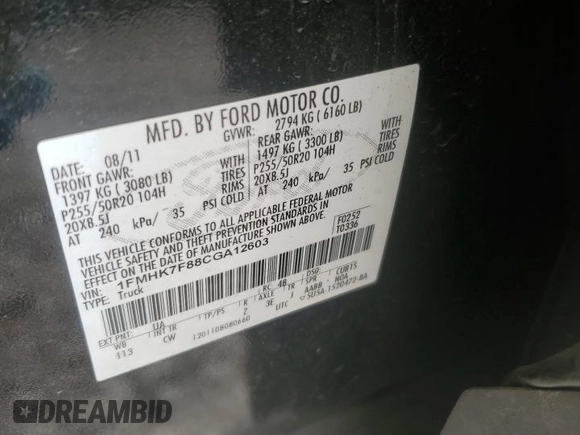 2012 Ford Explorer Limited with VIN 1FMHK7F88CGA12603, listed as a Copart auction lot 49880155 with 211,755 mi miles and Salvage Title. Bid and sale history available at carsss.com. Image 13.