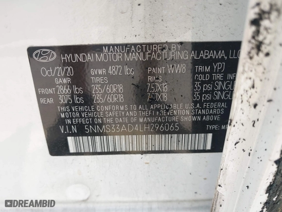 2020 Hyundai Santa Fe SEL with VIN 5NMS33AD4LH296065, listed as a IAAI auction lot 41878392 with 98,215 mi miles. Bid and sale history available at carsss.com. Image 9.