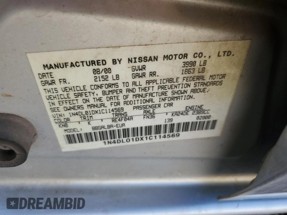 2001 Nissan Altima GXE with VIN 1N4DL01DX1C114569, listed as a Copart auction lot 58222534 with 145,798 mi miles and Salvage Title. Bid and sale history available at carsss.com. Image 12.