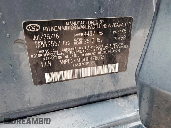 2017 Hyundai Sonata SE with VIN 5NPE24AF5HH478035, listed as a Copart auction lot 80434234 with 91,368 mi miles and Salvage Title. Bid and sale history available at carsss.com. Image 14.