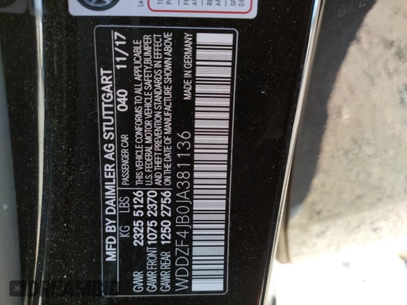 2018 Mercedes-Benz E-Class E 300 with VIN WDDZF4JB0JA381136, listed as a Copart auction lot 61482482 with 46,512 mi miles. Bid and sale history available at carsss.com. Image 10.
