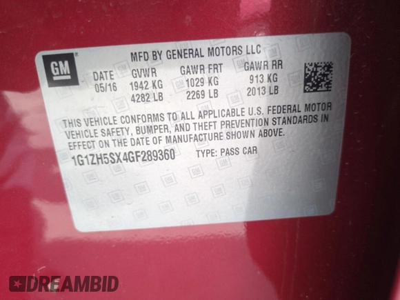 2016 Chevrolet Malibu Premier with VIN 1G1ZH5SX4GF289360, listed as a Copart auction lot 53733685 with 63,079 mi miles and Salvage Title. Bid and sale history available at DreamBid. Image 13.