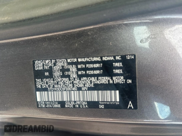 2015 Toyota Sienna XLE with VIN 5TDYK3DC5FS567460, listed as a Copart auction lot 63311295 with 296,433 mi miles and Clean title. Bid and sale history available at DreamBid. Image 10.