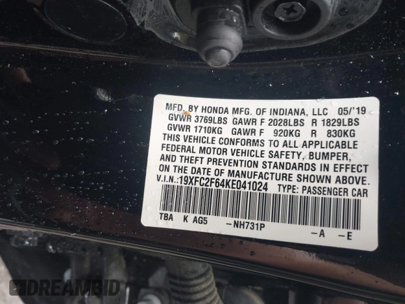 2019 Honda Civic LX with VIN 19XFC2F64KE041024, listed as a IAAI auction lot 42020159 with 36,870 mi miles and . Bid and sale history available at DreamBid. Image 9.