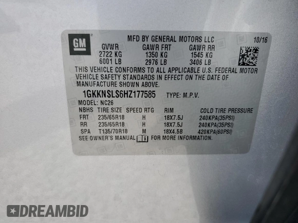 2017 GMC Acadia SLE with VIN 1GKKNSLS6HZ177585, listed as a Copart auction lot 64128815 with 27,360 mi miles and Salvage title. Bid and sale history available at DreamBid. Image 13.