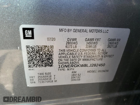 2020 Chevrolet Traverse LT Cloth with VIN 1GNERGKW8LJ282450, listed as a Copart auction lot 73414484 with 56,264 mi miles and Salvage title. Bid and sale history available at DreamBid. Image 14.