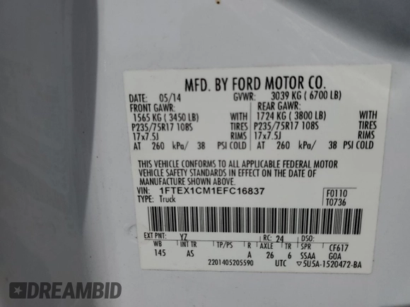 2014 Ford F-150 XL with VIN 1FTEX1CM1EFC16837, listed as a Copart auction lot 53352665 with 191,792 mi miles and Salvage title. Bid and sale history available at DreamBid. Image 12.