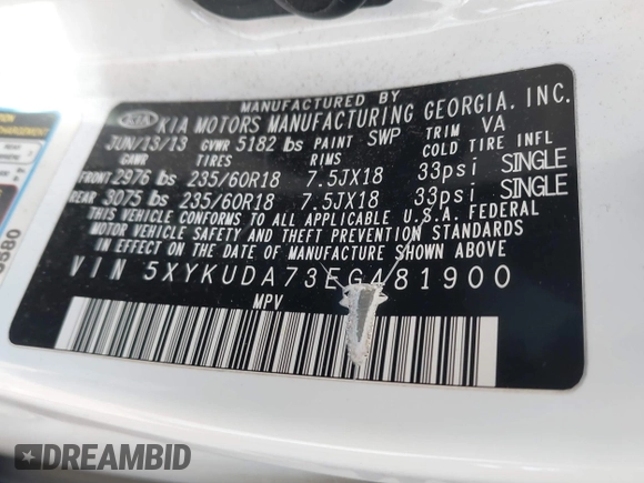 2014 Kia Sorento EX with VIN 5XYKUDA73EG481900, listed as a IAAI auction lot 41709755 with 170,551 mi miles. Bid and sale history available at carsss.com. Image 9.