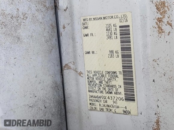 2016 Nissan Maxima SV z VIN 1N4AA6AP2GC437206, wystawiony jako IAAI lot #42082780 z przebiegiem Nie podano mil oraz . Historia ofert i sprzedaży dostępna na DreamBid. Obrazek 9.