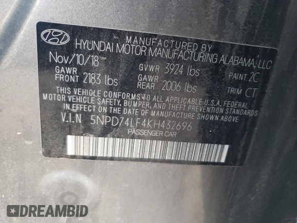 2019 Hyundai Elantra SE with VIN 5NPD74LF4KH432696, listed as a Copart auction lot 45375325 with 124,270 mi miles and Salvage Title. Bid and sale history available at DreamBid. Image 12.