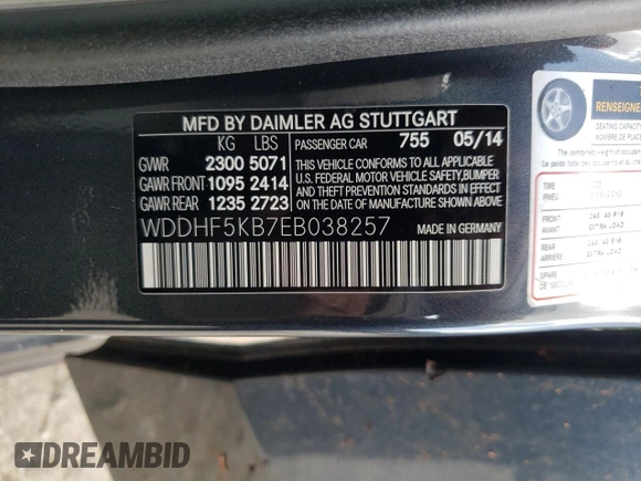 2014 Mercedes-Benz E 350 Sport with VIN WDDHF5KB7EB038257, listed as a Copart auction lot 61251595 with 110,814 mi miles and Salvage title. Bid and sale history available at DreamBid. Image 12.