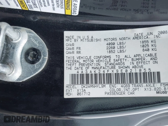 2009 Mitsubishi Eclipse GS with VIN 4A3AK24FX9E021055, listed as a IAAI auction lot 41386556 with 208,301 mi miles and . Bid and sale history available at DreamBid. Image 9.