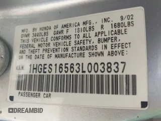 2003 Honda Civic LX with VIN 1HGES16563L003837, listed as a IAAI auction lot 41887191 with Not Provided miles and . Bid and sale history available at DreamBid. Image 9.