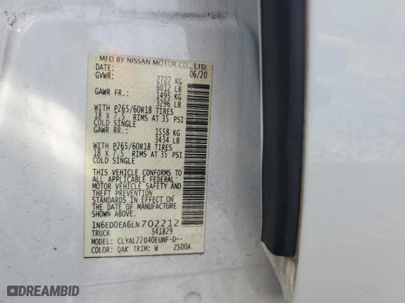 2020 Nissan Frontier SV with VIN 1N6ED0EA6LN702212, listed as a Copart auction lot 43930165 with 51,360 mi miles and Salvage Title. Bid and sale history available at carsss.com. Image 14.
