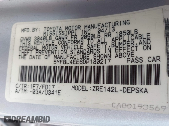 2013 Toyota Corolla L with VIN 5YFBU4EE6DP180217, listed as a IAAI auction lot 40368485 with Not Provided miles. Bid and sale history available at carsss.com. Image 9.