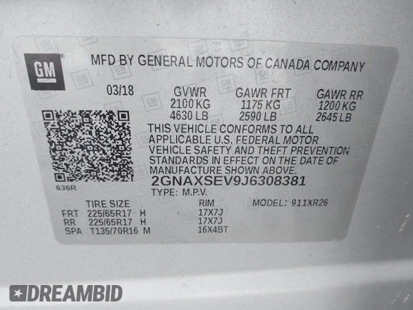 2018 Chevrolet Equinox LT with VIN 2GNAXSEV9J6308381, listed as a IAAI auction lot 40957972 with 103,387 mi miles. Bid and sale history available at carsss.com. Image 9.