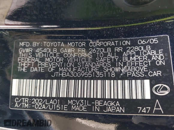 2005 Lexus ES 350 with VIN JTHBA30G955135118, listed as a IAAI auction lot 42080166 with 215,360 mi miles and . Bid and sale history available at DreamBid. Image 9.