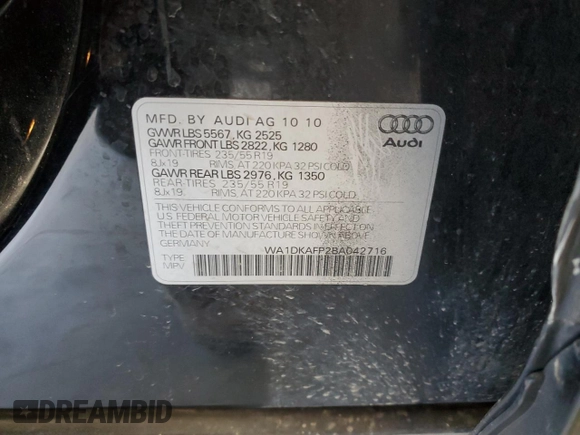 2011 Audi Q5 Premium Plus with VIN WA1DKAFP2BA042716, listed as a Copart auction lot 53206115 with 114,109 mi miles and Salvage title. Bid and sale history available at DreamBid. Image 15.