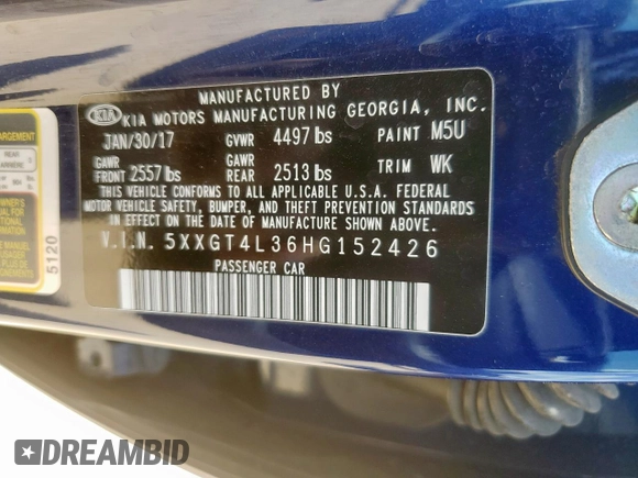 2017 Kia Optima LX with VIN 5XXGT4L36HG152426, listed as a Copart auction lot 64237425 with 91,262 mi miles and Salvage title. Bid and sale history available at DreamBid. Image 12.