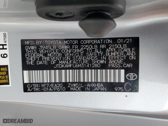 2021 Toyota Prius L Eco with VIN JTDKAMFU6M3141280, listed as a Copart auction lot 47604825 with 65,725 mi miles and Salvage Title. Bid and sale history available at carsss.com. Image 14.
