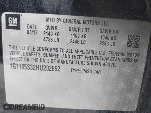2017 Chevrolet Impala LT with VIN 1G1105S32HU202862, listed as a IAAI auction lot 42071294 with 184,014 mi miles and . Bid and sale history available at DreamBid. Image 9.