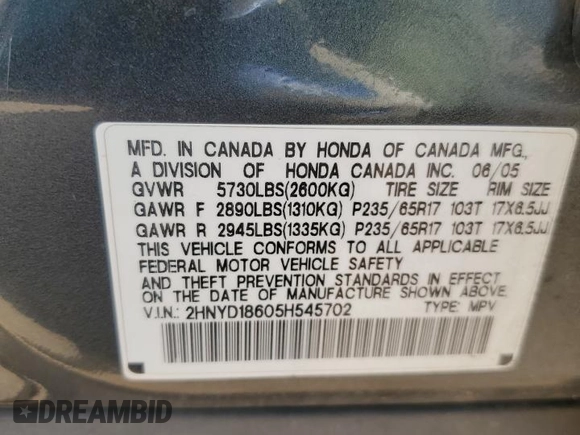 2005 Acura MDX Touring with VIN 2HNYD18605H545702, listed as a Copart auction lot 69531314 with 317,574 mi miles and Salvage Title. Bid and sale history available at carsss.com. Image 13.