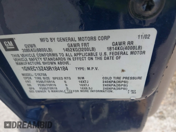 2003 Chevrolet Tahoe LS с VIN 1GNEC13Z43R184184, выставлен на аукционе IAAI как лот 41814758 с пробегом Не указан миль и . История ставок и продаж доступна на DreamBid. Изображение 9.