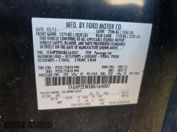 2011 Ford Taurus SEL with VIN 1FAHP2EWXBG164007, listed as a Copart auction lot 50176575 with 257,154 mi miles and Salvage Title. Bid and sale history available at carsss.com. Image 15.