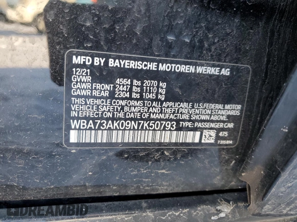 2022 BMW 2 Series 228i xDrive with VIN WBA73AK09N7K50793, listed as a Copart auction lot 87952625 with 21,435 mi miles and Salvage Title. Bid and sale history available at carsss.com. Image 12.