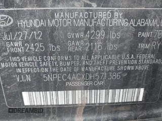 2013 Hyundai Sonata Limited with VIN 5NPEC4ACXDH571386, listed as a IAAI auction lot 41882922 with 254,912 mi miles and . Bid and sale history available at carsss.com. Image 9.