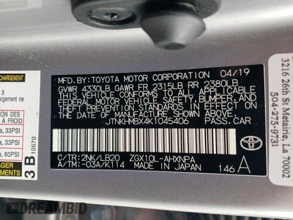 2019 Toyota C-HR XLE with VIN JTNKHMBX4K1045406, listed as a Copart auction lot 47612515 with 38,909 mi miles and Salvage Title. Bid and sale history available at DreamBid. Image 16.