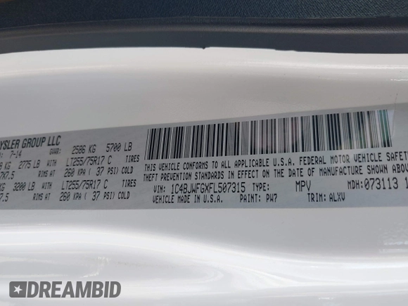 2015 Jeep Wrangler Unlimited Rubicon with VIN 1C4BJWFGXFL507315, listed as a IAAI auction lot 42059720 with 90,189 mi miles and . Bid and sale history available at DreamBid. Image 9.