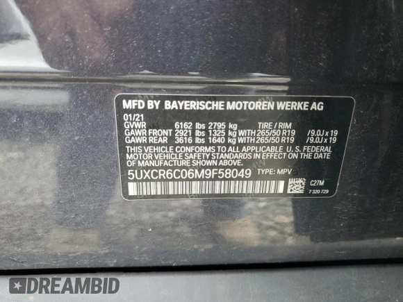 2021 BMW X5 xDrive40i с VIN 5UXCR6C06M9F58049, выставлен на аукционе Copart как лот 57863685 с пробегом Не указан миль и Списание • Salvage title. История ставок и продаж доступна на DreamBid. Изображение 13.
