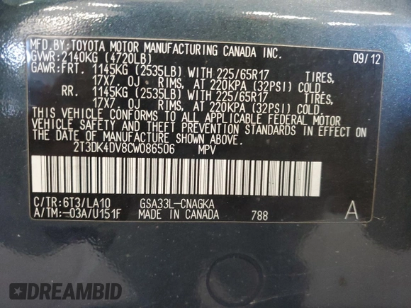 2012 Toyota RAV4 Limited с VIN 2T3DK4DV8CW086506, выставлен на аукционе Copart как лот 56875405 с пробегом 162 674 миль миль и Списание • Salvage title. История ставок и продаж доступна на DreamBid. Изображение 13.