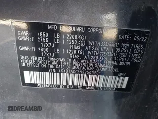 2022 Subaru Outback Premium with VIN 4S4BTACC9N3250320, listed as a IAAI auction lot 41655163 with 56,232 mi miles and . Bid and sale history available at DreamBid. Image 9.