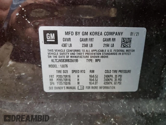 2021 Chevrolet Trax LS with VIN KL7CJNSB3MB356195, listed as a Copart auction lot 46812335 with 0 mi miles and Salvage Title. Bid and sale history available at carsss.com. Image 12.