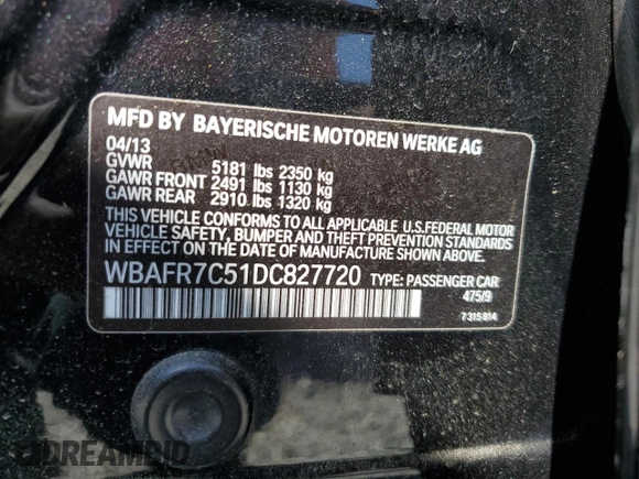 2013 BMW 5 Series 535i with VIN WBAFR7C51DC827720, listed as a Copart auction lot 50845785 with 64,287 mi miles and Clean Title. Bid and sale history available at DreamBid. Image 12.