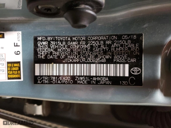 2018 Toyota Prius Two with VIN JTDKARFU9J3062548, listed as a Copart auction lot 48966075 with 34,869 mi miles and Salvage Title. Bid and sale history available at carsss.com. Image 12.