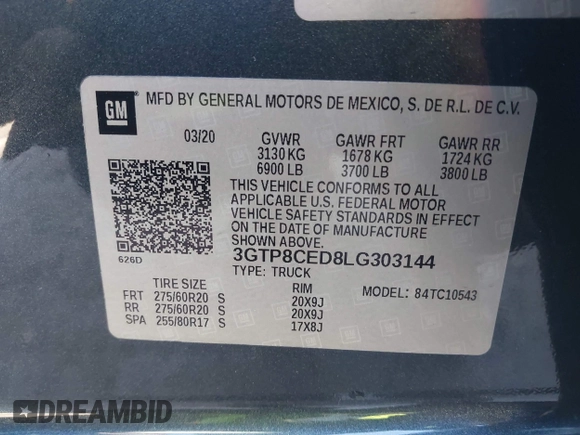 2020 GMC Sierra 1500 Elevation with VIN 3GTP8CED8LG303144, listed as a IAAI auction lot 41459543 with 121,365 mi miles and . Bid and sale history available at DreamBid. Image 9.