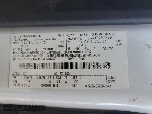 2019 Ford Transit z VIN 1FTYR2ZM2KKA60637, wystawiony jako Copart lot #65027514 z przebiegiem Nie podano mil oraz Czysty tytuł • Clean title. Historia ofert i sprzedaży dostępna na DreamBid. Obrazek 14.