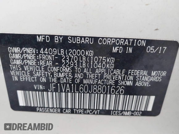 2018 Subaru WRX Limited with VIN JF1VA1L60J8801626, listed as a IAAI auction lot 42018146 with 72,141 mi miles and . Bid and sale history available at DreamBid. Image 9.