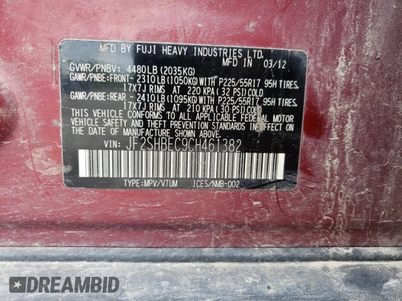 2012 Subaru Forester X Limited with VIN JF2SHBEC9CH461382, listed as a Copart auction lot 61207465 with 230,563 mi miles and Salvage title. Bid and sale history available at DreamBid. Image 13.