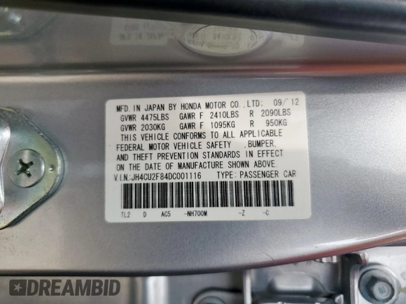 2013 Acura TSX Special Edition with VIN JH4CU2F84DC001116, listed as a Copart auction lot 58497705 with 29,432 mi miles and Salvage title. Bid and sale history available at DreamBid. Image 13.