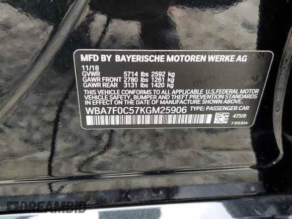 2019 BMW 7 Series 750i with VIN WBA7F0C57KGM25906, listed as a Copart auction lot 62728443 with 61,561 mi miles. Bid and sale history available at carsss.com. Image 12.