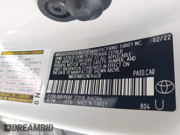 2022 Toyota C-HR XLE z VIN NMTKHMBX2NR144638, wystawiony jako IAAI lot #42063325 z przebiegiem 22 823 mil mil oraz . Historia ofert i sprzedaży dostępna na DreamBid. Obrazek 9.