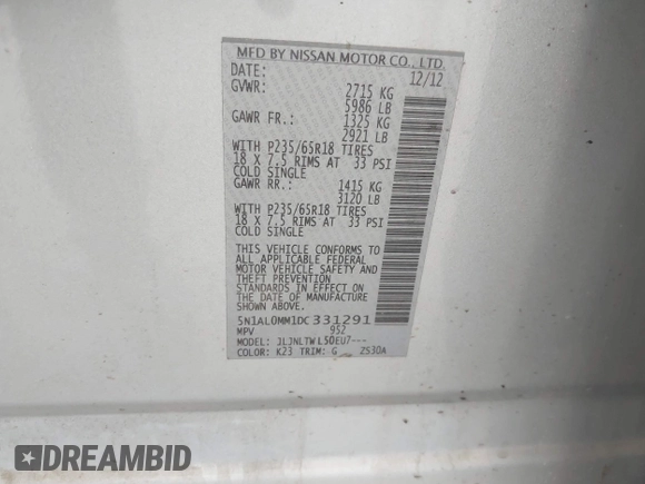 2013 Infiniti JX35 with VIN 5N1AL0MM1DC331291, listed as a IAAI auction lot 42218682 with 218,366 mi miles and . Bid and sale history available at DreamBid. Image 9.