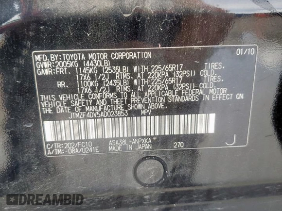 2010 Toyota RAV4 with VIN JTMZF4DV5AD023853, listed as a Copart auction lot 62354245 with 191,590 mi miles and Salvage title. Bid and sale history available at DreamBid. Image 13.